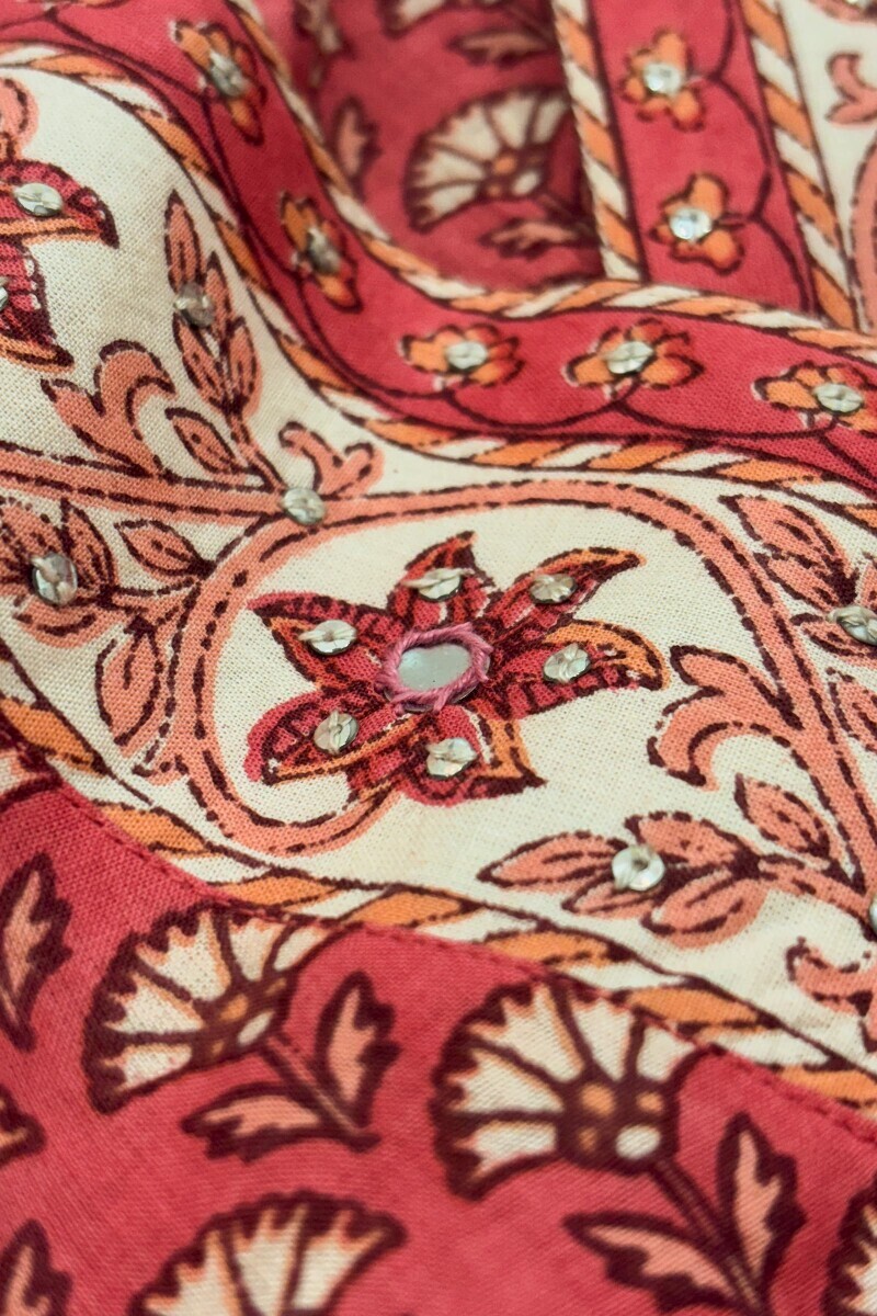 Pink Hand Printed Straight Cotton Kurta