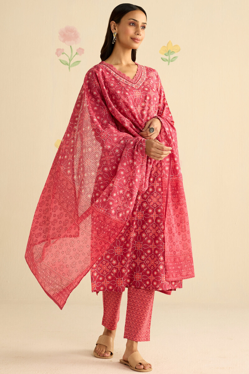 Pink Hand Printed Straight Cotton Kurta