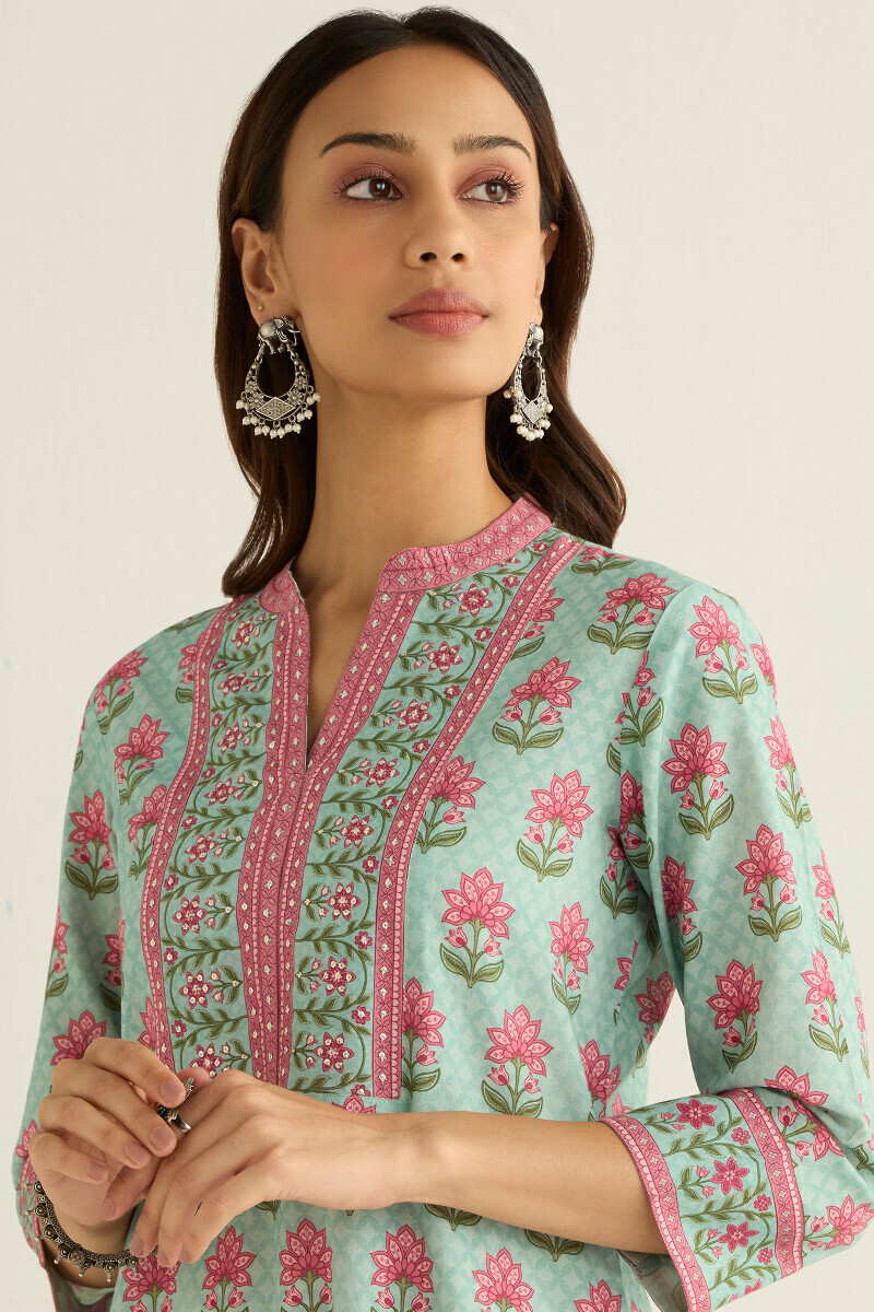 Blue Printed Straight Cotton Kurta