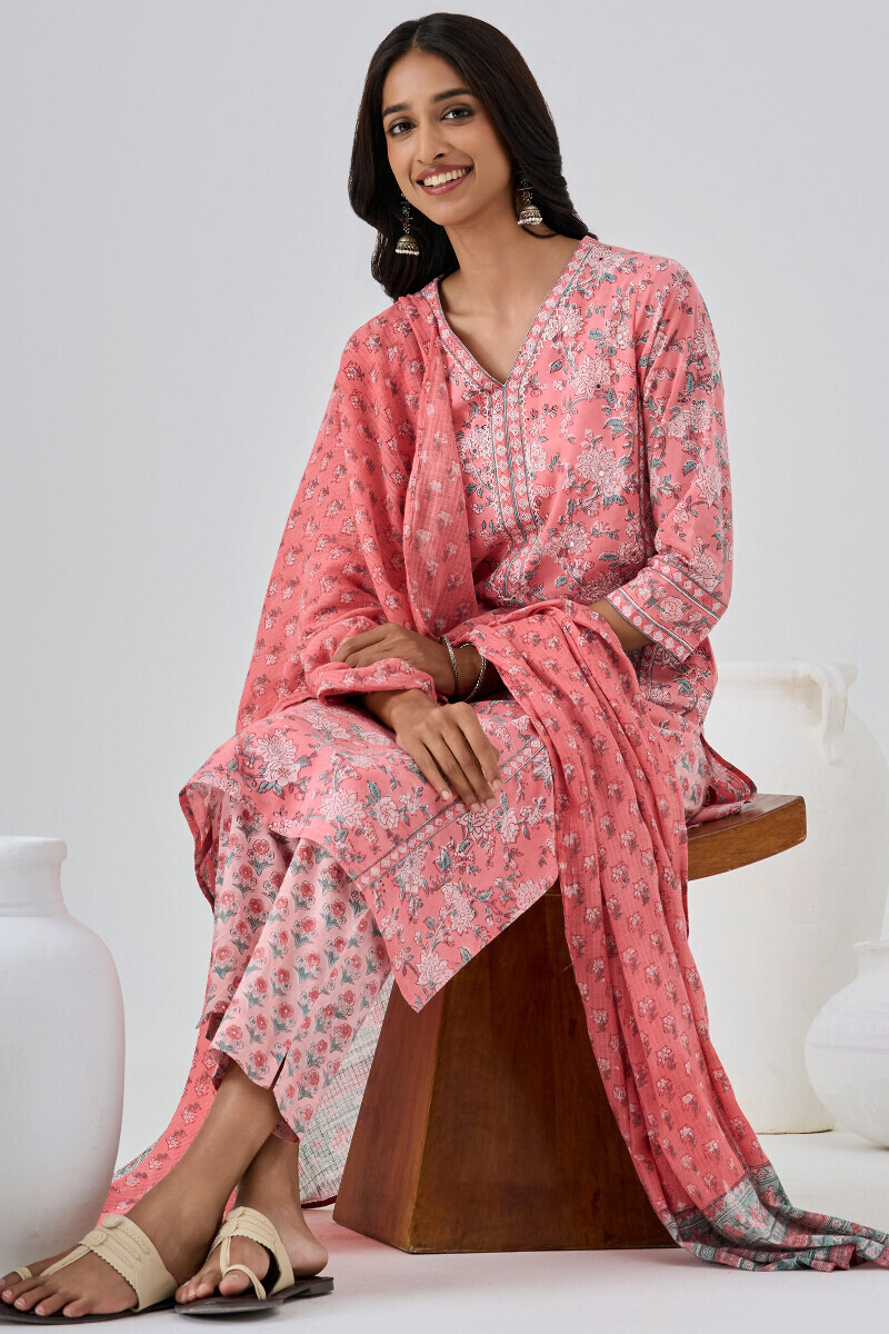 Pink Hand Block Printed Straight Cotton Kurta