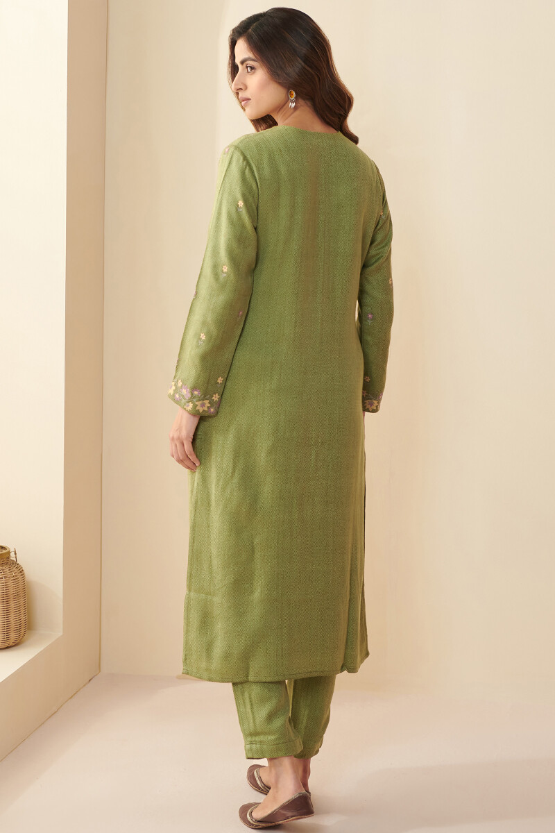 Green Handcrafted Straight Faux Wool Kurta