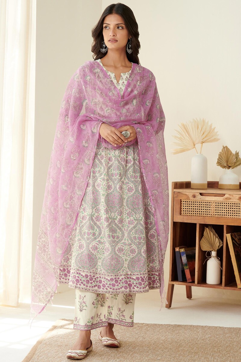 Pink Hand Block Printed A-Line Cotton Kurta