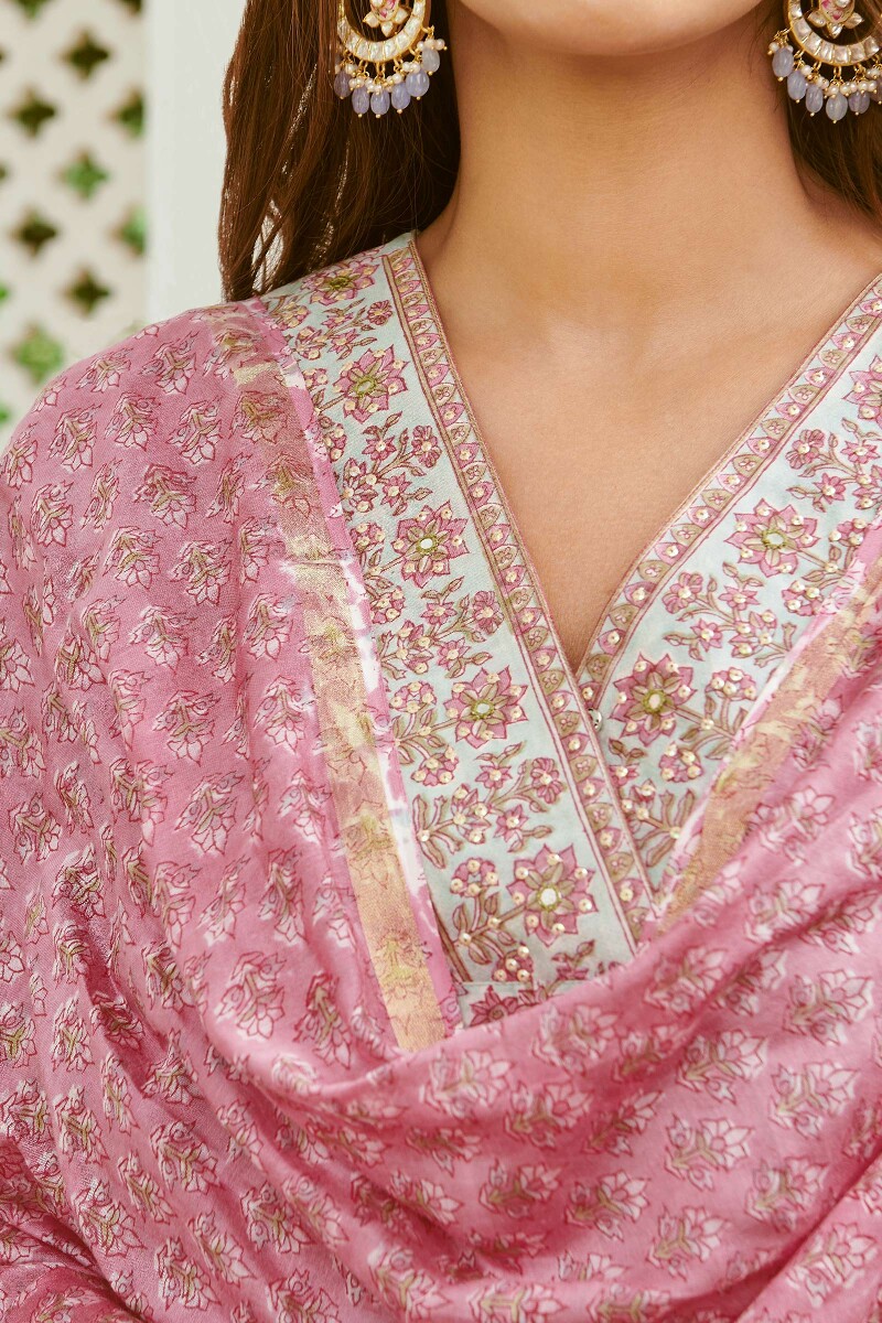 Pink Hand Block-Printed Chanderi Dupatta