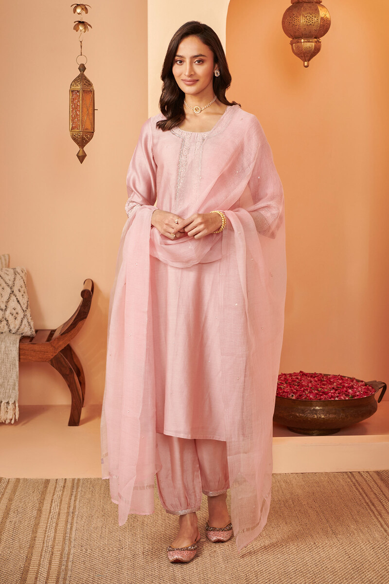 Pink Handcrafted Straight Chanderi Kurta