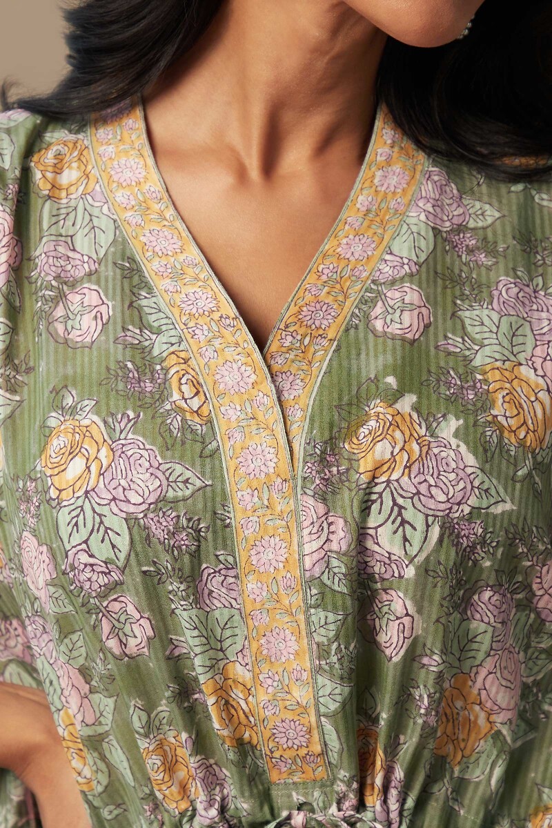 Green Hand Block-Printed Cotton Dobby Kaftan