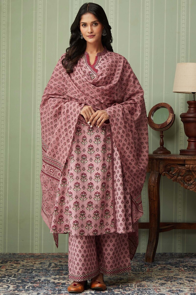 Pink Hand Printed Angrakha Cotton Kurta