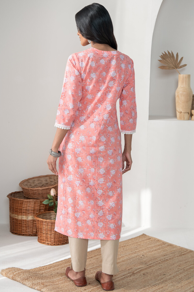 Peach Hand Block Printed Straight Cotton Kurta