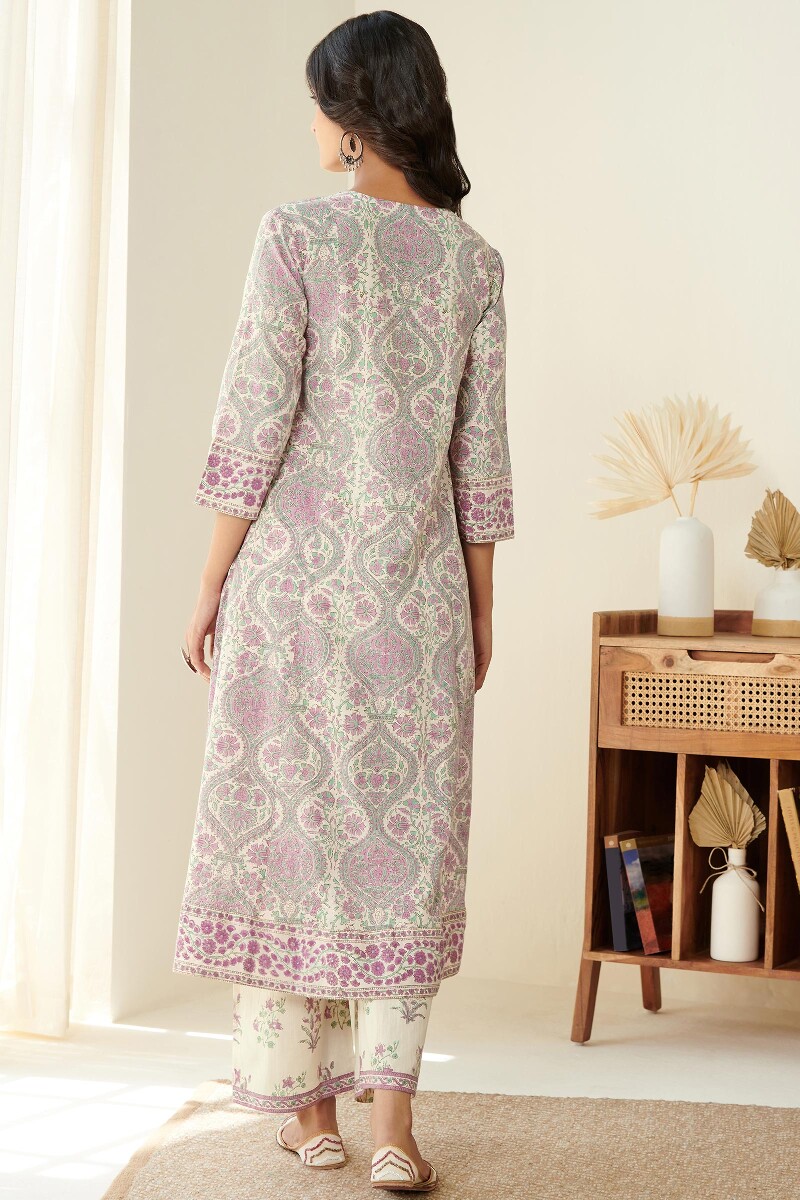 Pink Hand Block Printed A-Line Cotton Kurta