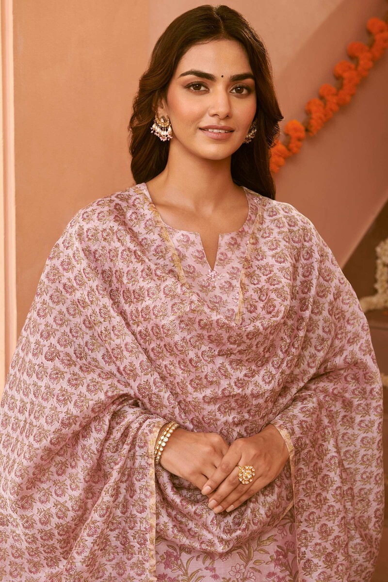 Light Pink Hand Block-Printed Chanderi Dupatta