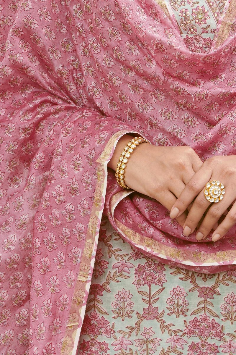 Pink Hand Block-Printed Chanderi Dupatta