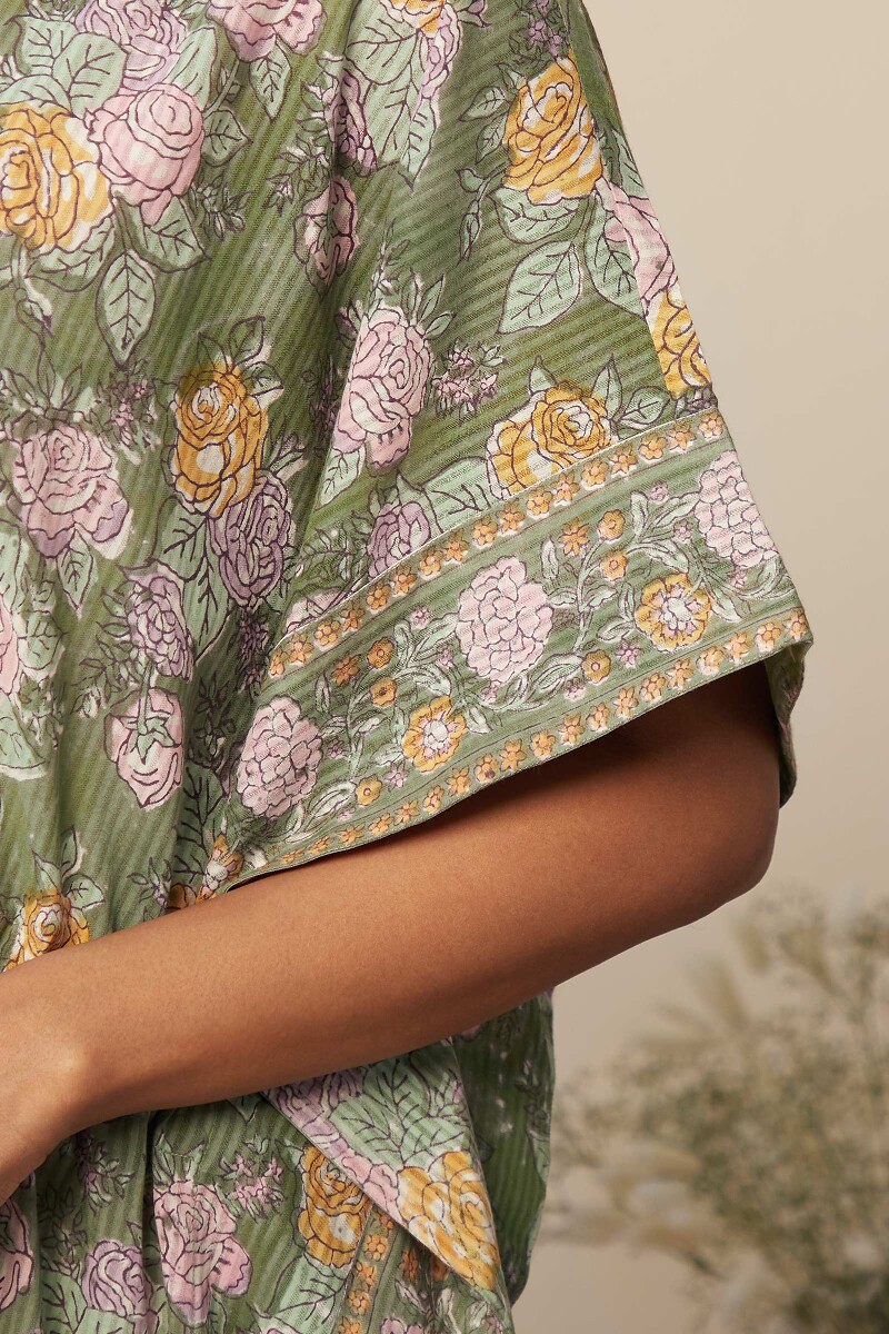 Green Hand Block-Printed Cotton Dobby Kaftan