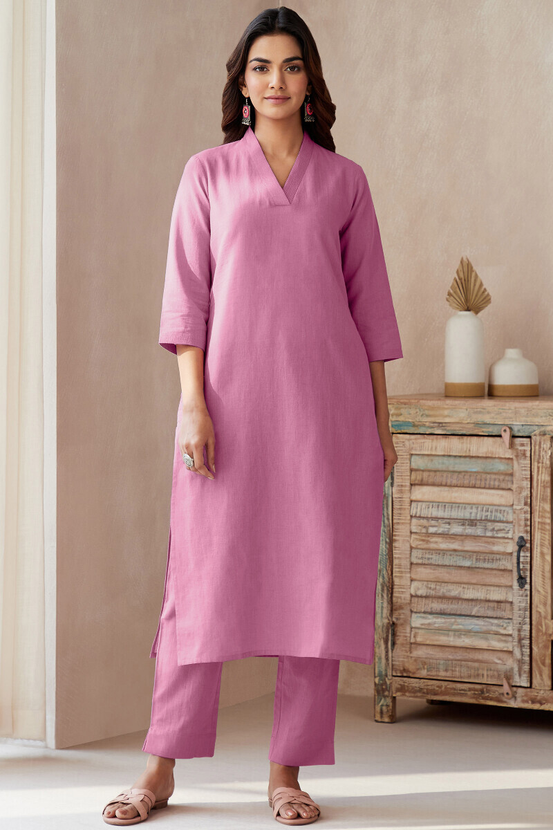 Flamingo Pink Handcrafted Straight Cotton Flax Kurta