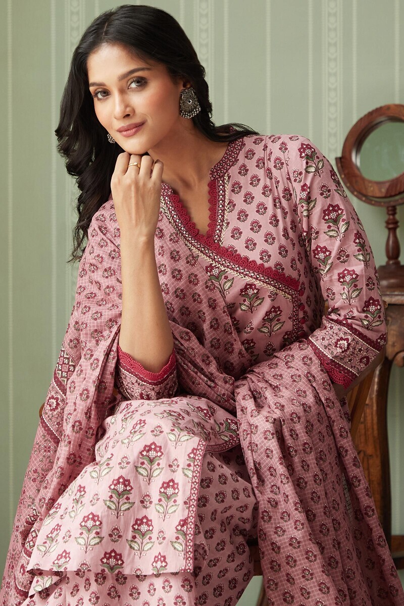 Pink Hand Printed Angrakha Cotton Kurta