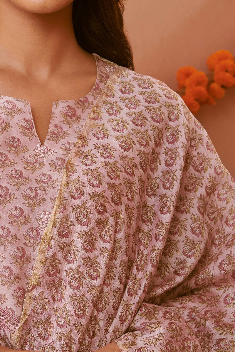 Light Pink Hand Block-Printed Chanderi Dupatta