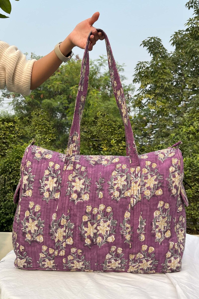 Purple Hand Block-Printed Cotton Slub Duffel Bag