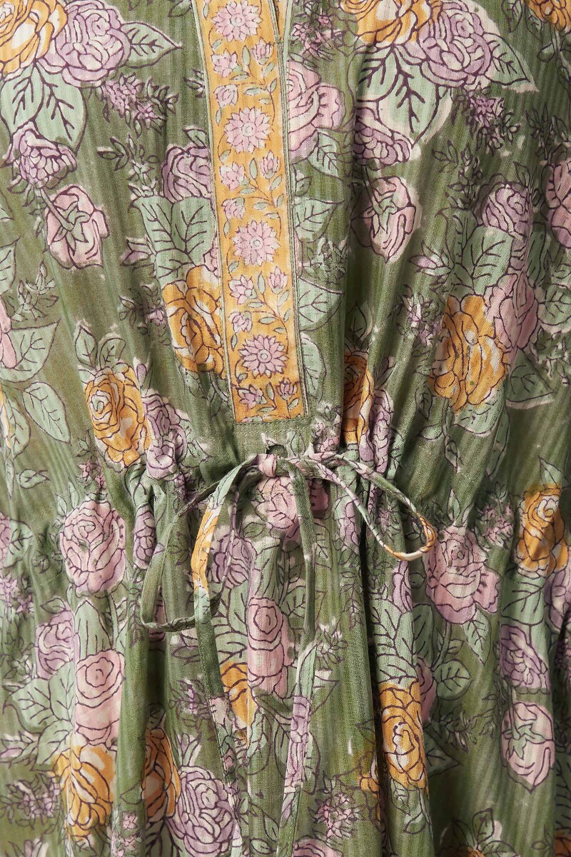 Green Hand Block-Printed Cotton Dobby Kaftan