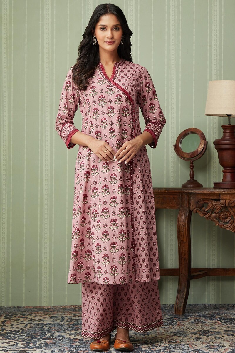 Pink Hand Printed Angrakha Cotton Kurta