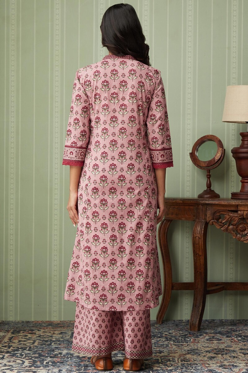 Pink Hand Printed Angrakha Cotton Kurta