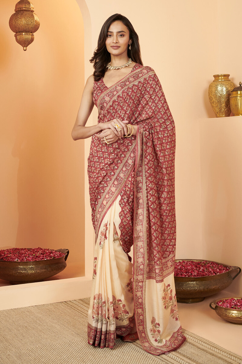 Red Hand Block Printed Cotton Silk Saree