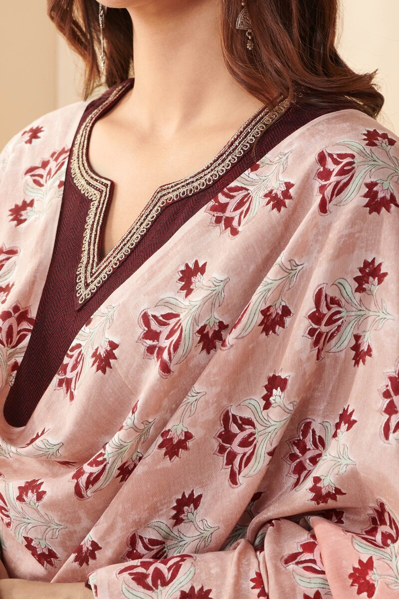 Peach Hand Block Printed Modal Dupatta