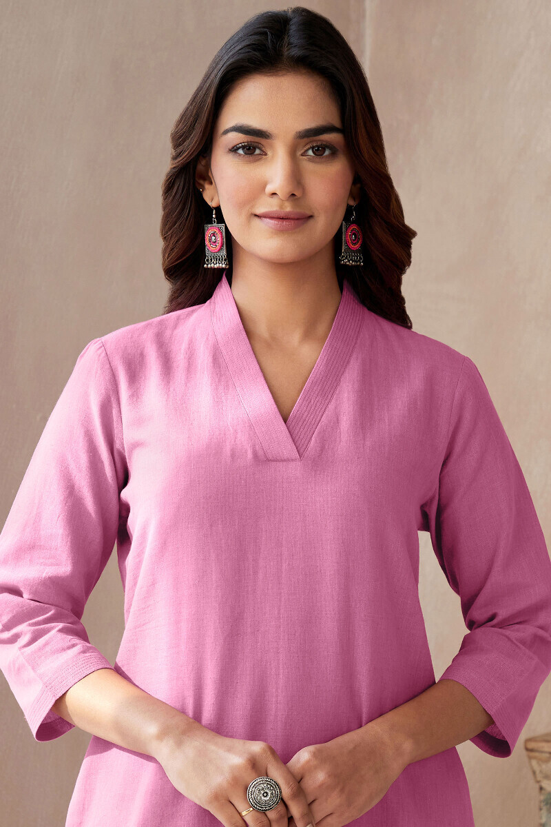 Flamingo Pink Handcrafted Straight Cotton Flax Kurta