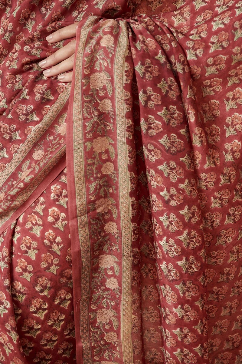 Red Hand Block Printed Cotton Silk Saree