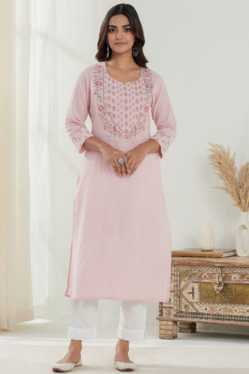 Pink Handcrafted Straight Handloom Kurta