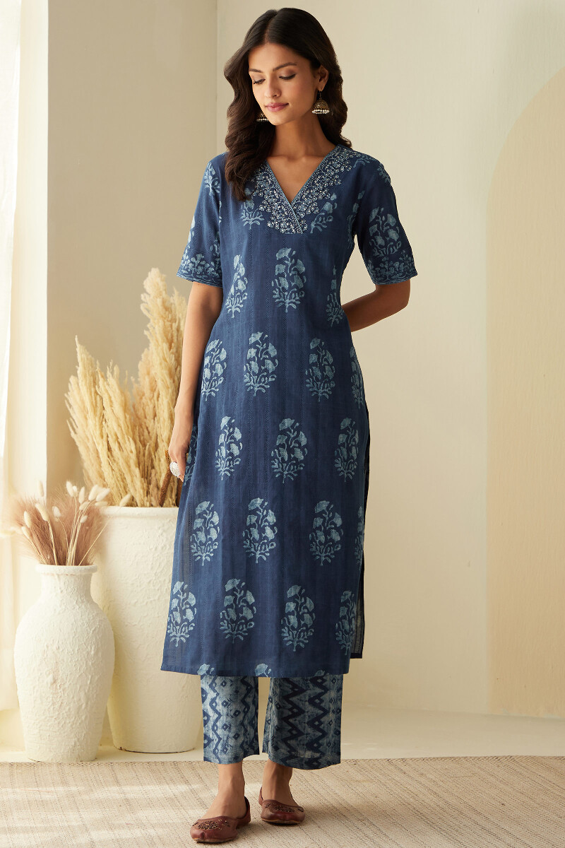 Akola Hand Block-Printed Straight Cotton Dobby Kurta