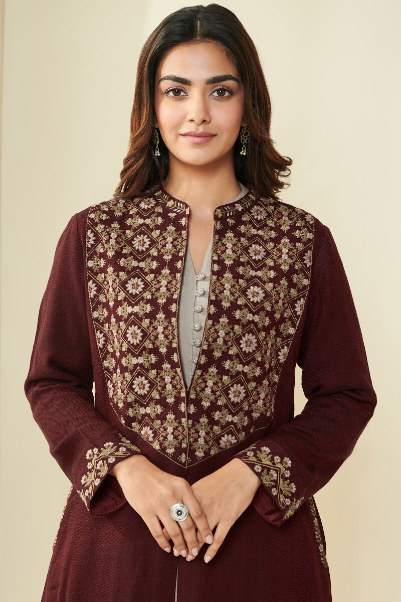 Maroon Handcrafted Handloom Long Jacket