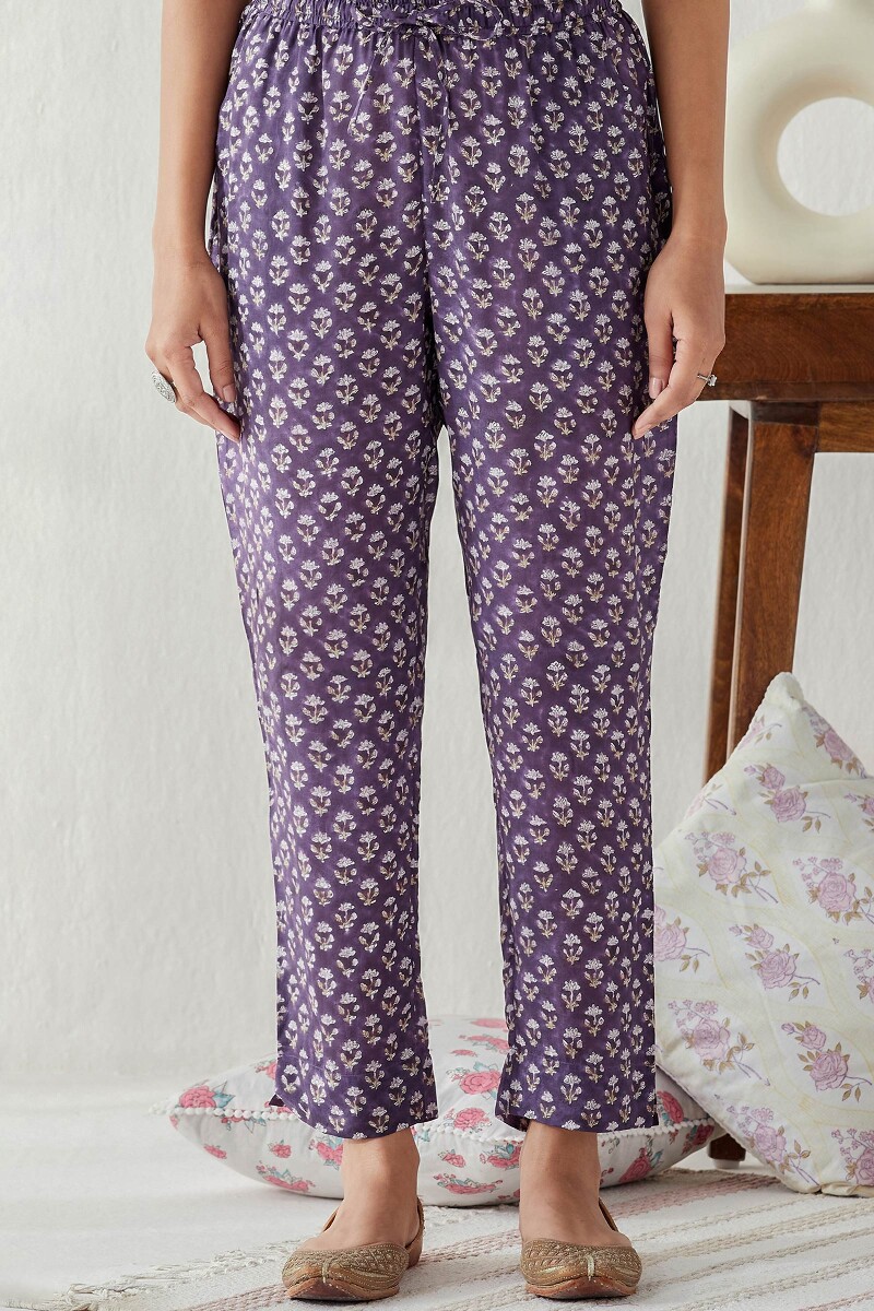 Purple Hand Block Printed Modal Narrow Pants