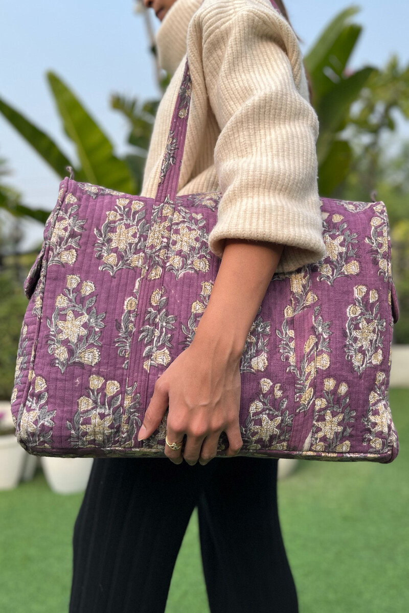 Purple Hand Block-Printed Cotton Slub Duffel Bag