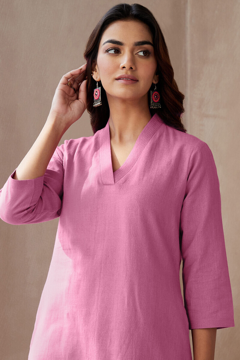 Flamingo Pink Handcrafted Straight Cotton Flax Kurta