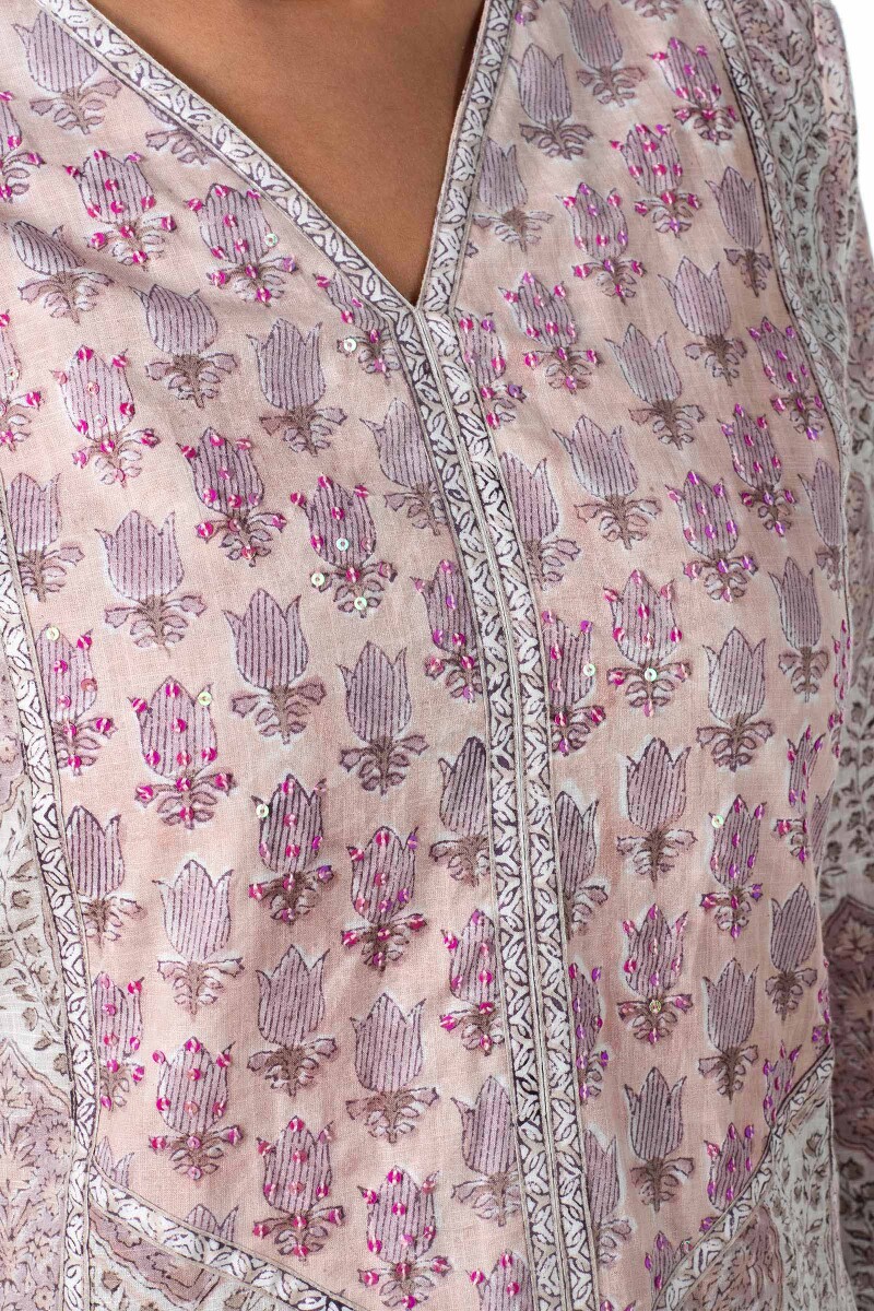 Pink Block Printed Straight Cotton Kurta