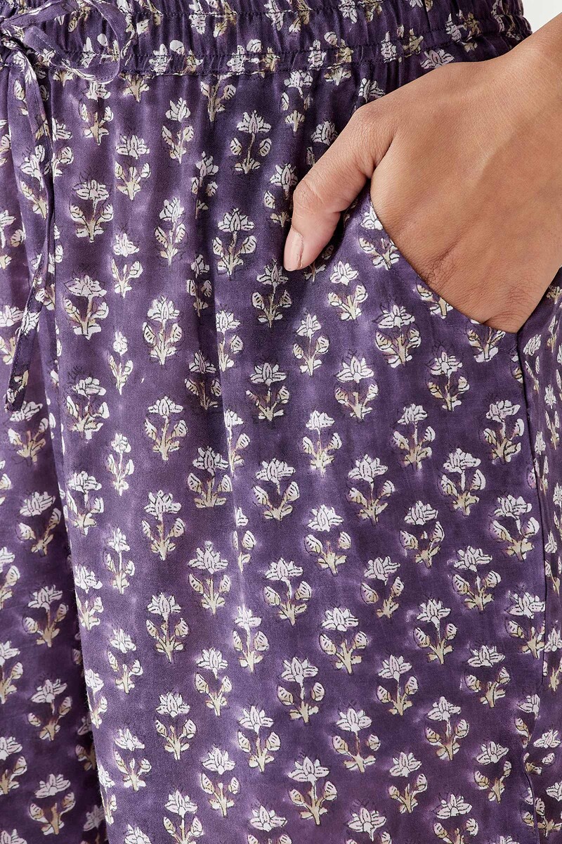 Purple Hand Block Printed Modal Narrow Pants