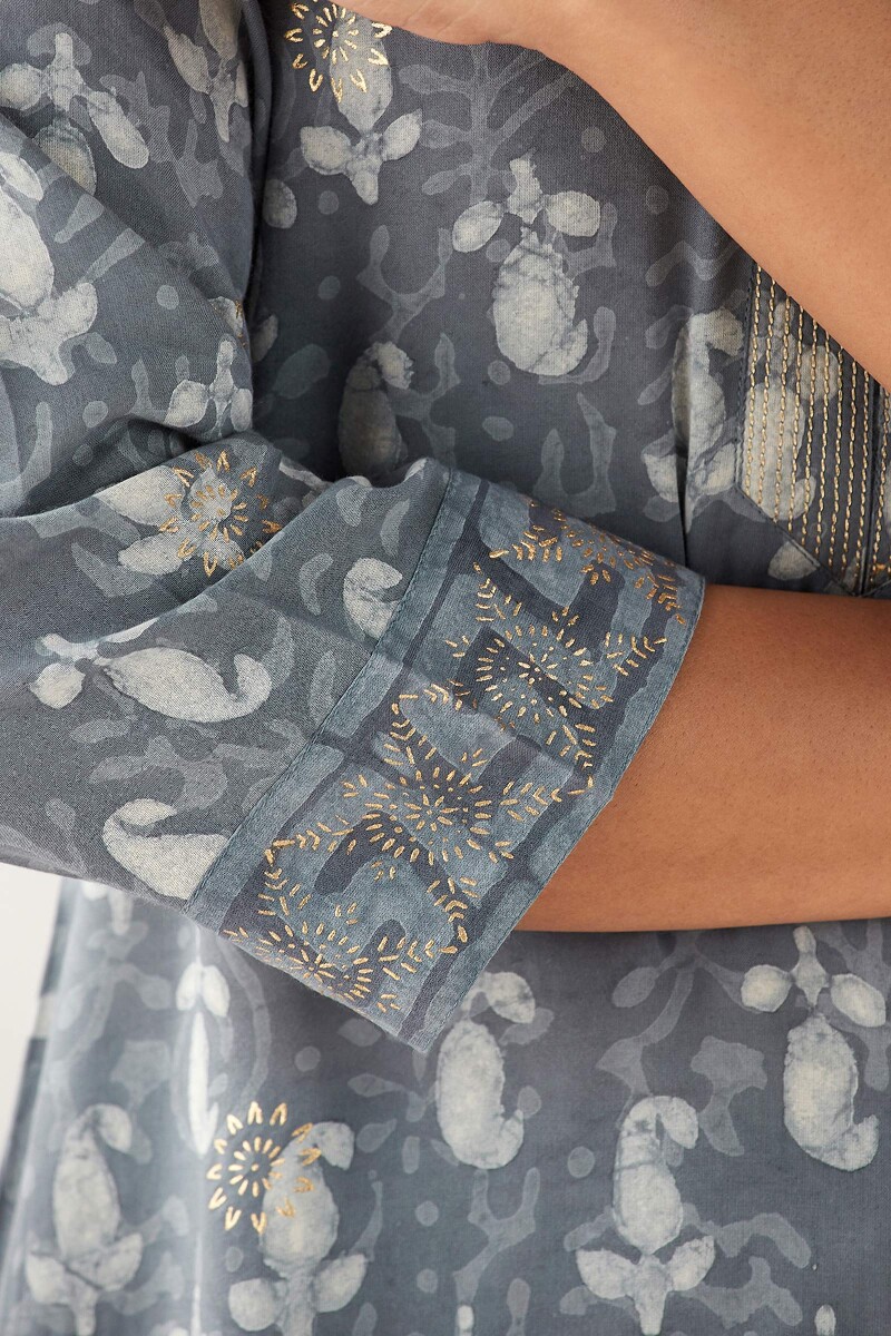 Grey Hand Block Printed Straight Modal Kurta