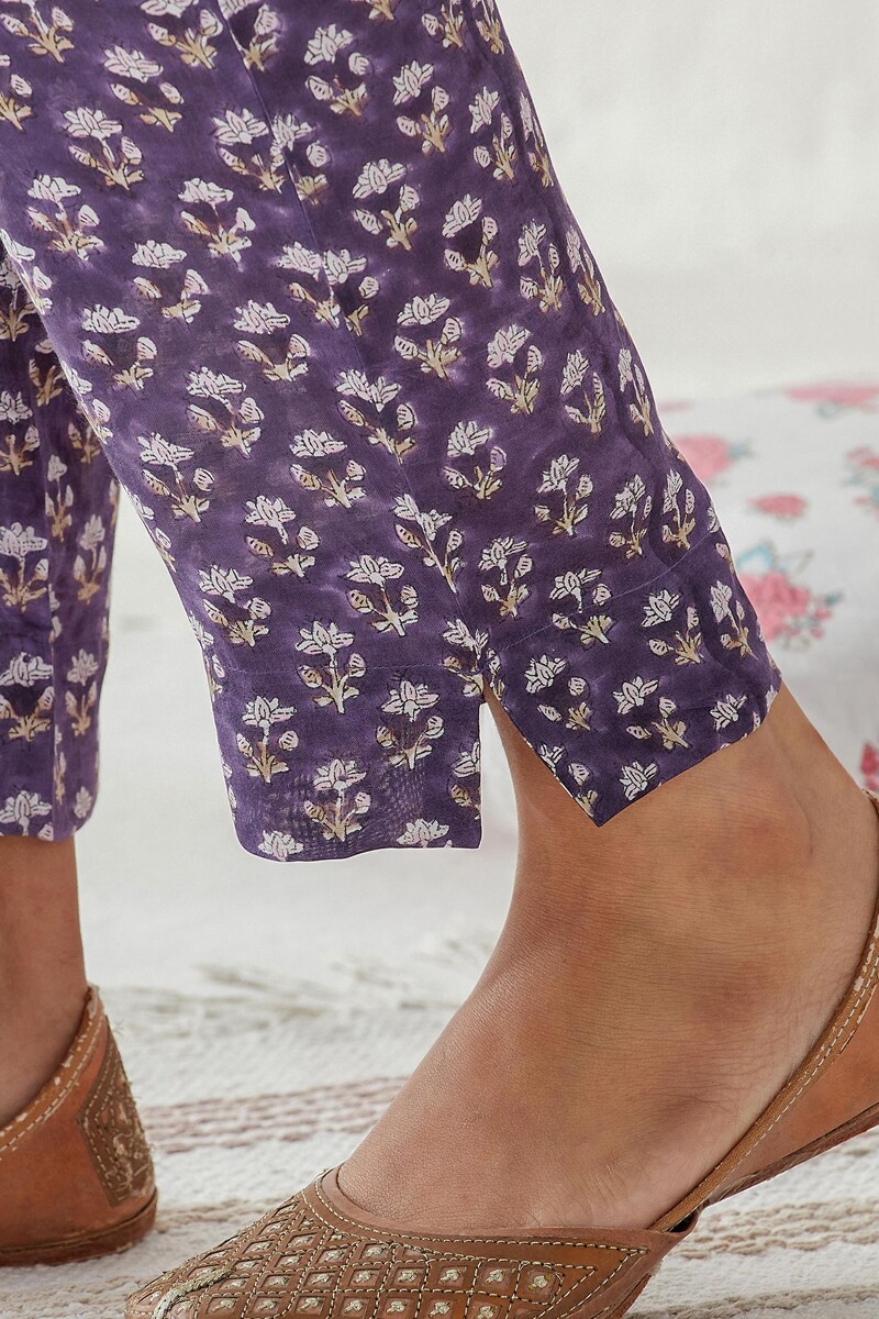 Purple Hand Block Printed Modal Narrow Pants