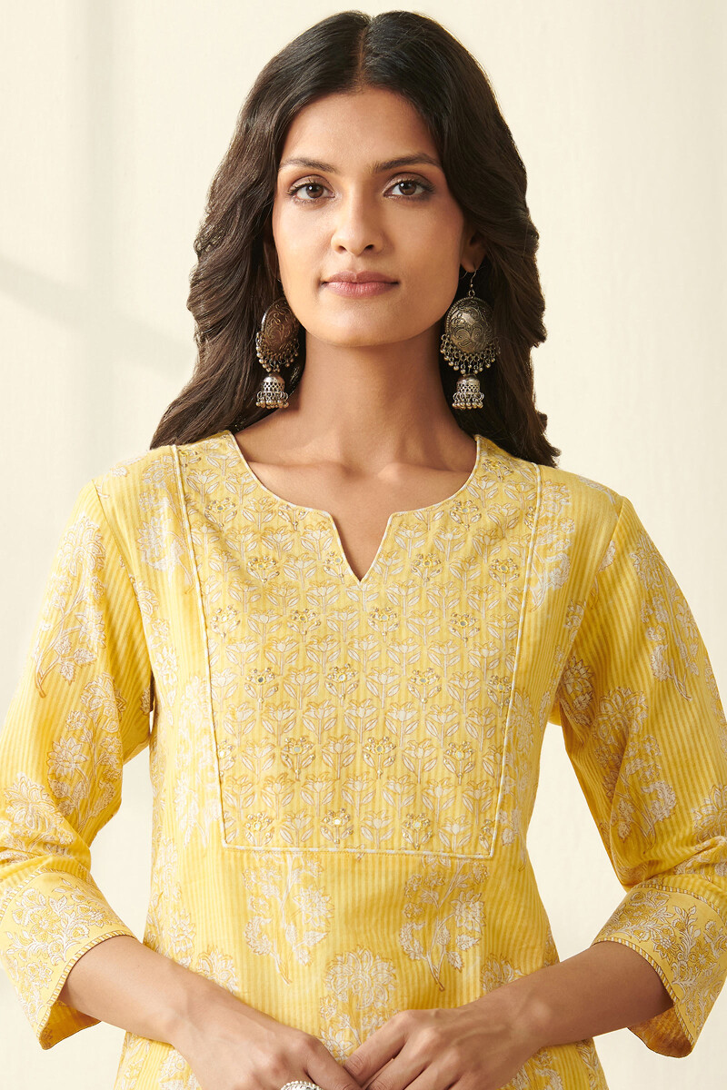 Yellow Hand Block Printed Straight Cotton Dobby Kurta