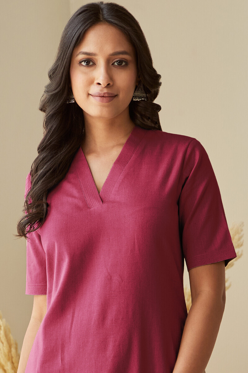 Carmine Pink Handcrafted Straight Cotton Flax Kurta