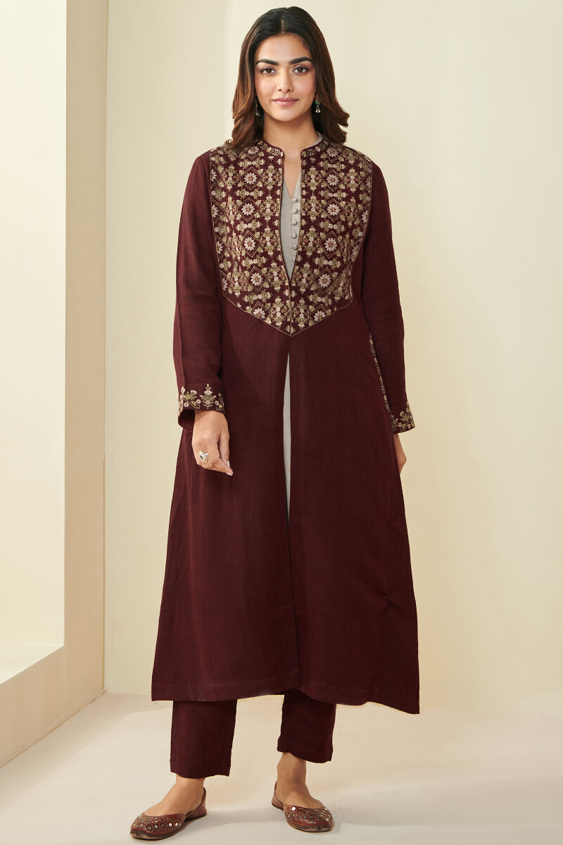 Maroon Handcrafted Handloom Long Jacket