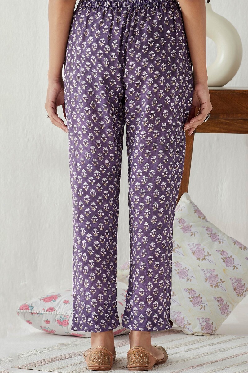 Purple Hand Block Printed Modal Narrow Pants