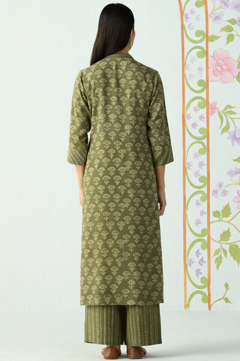 Green Hand Block Printed Straight Modal Kurta