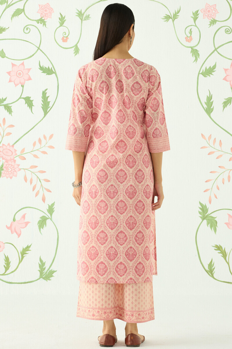 Pink Hand Printed Straight Cotton Slub Kurta