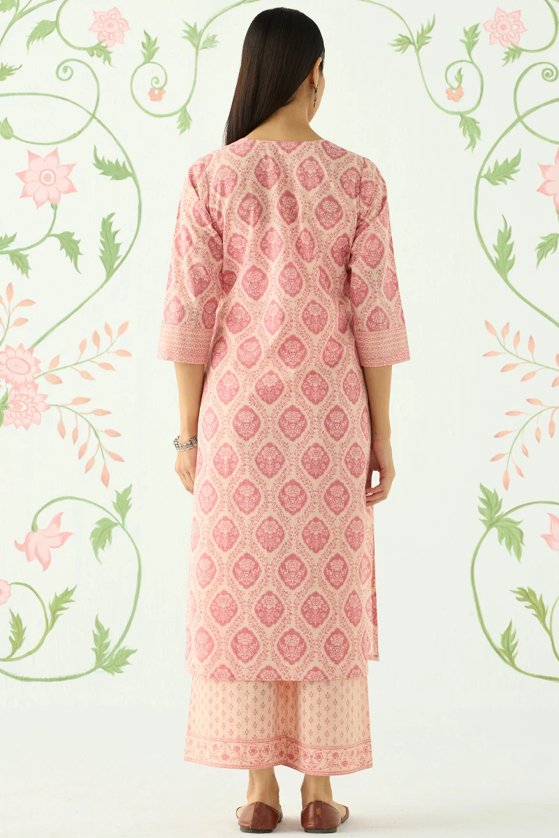 Pink Hand Printed Straight Cotton Slub Kurta