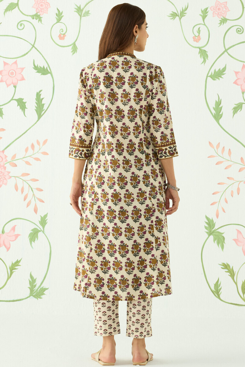 Cream Hand Printed Straight Cotton Kurta