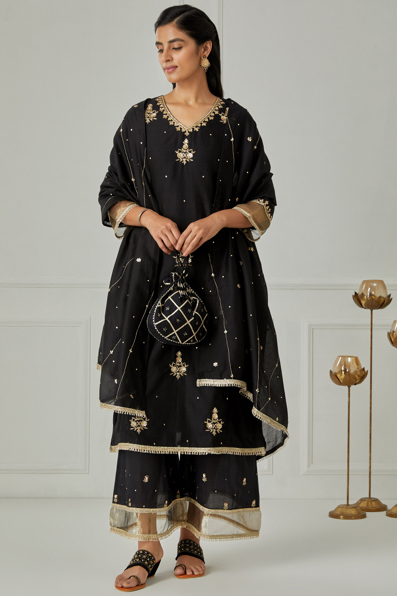 Black Handcrafted Straight Chanderi Kurta