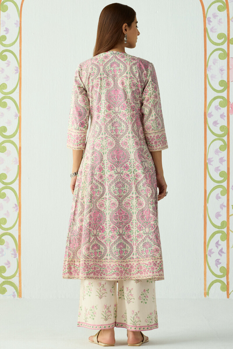 Pink Hand Block Printed A-Line Cotton Kurta