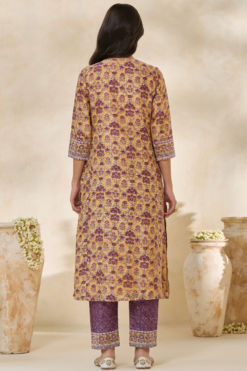 Yellow Hand Block-Printed Straight Chanderi Kurta