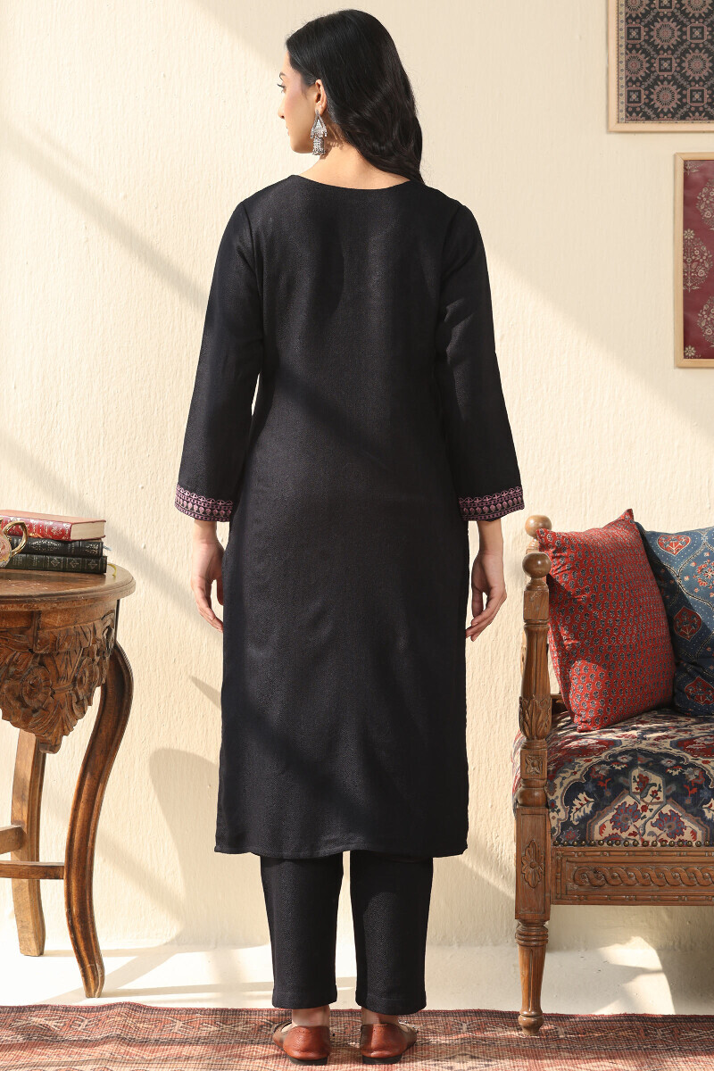 Black Handcrafted Straight Faux Wool Kurta