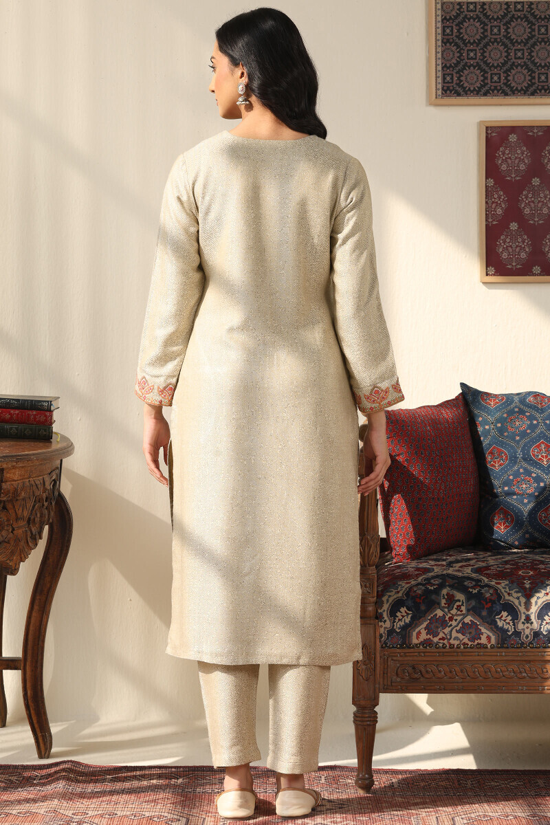 Beige Handcrafted Straight Faux Wool Kurta
