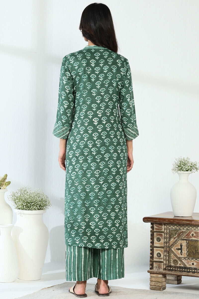 Green Hand Block Printed Straight Modal Kurta
